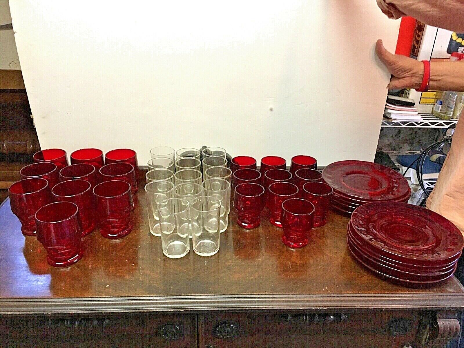 Vintage Ruby Glass Service For 10: Plates,tumblers & Glasses & 14 Clear Glasses