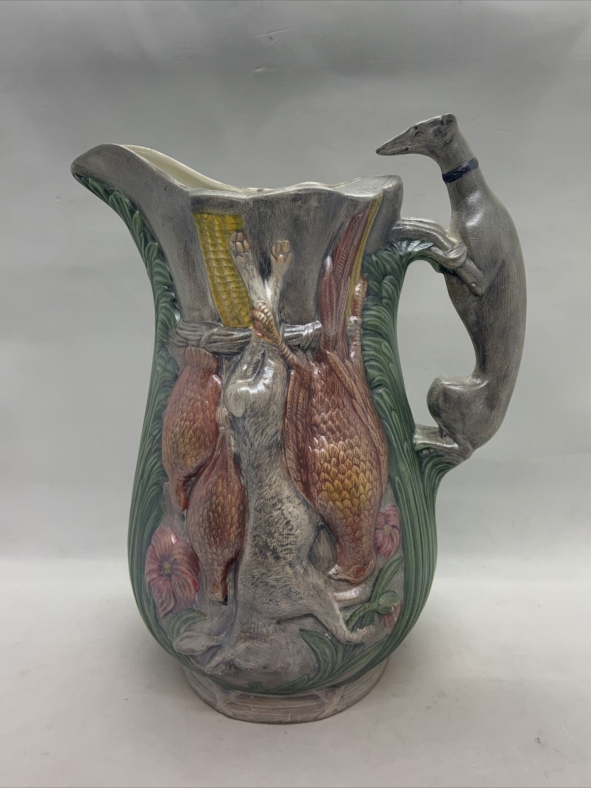 Vintage Hunting Ceramic Pitcher Greyhound Handle Dog Hunter Rabbit Birds Fox
