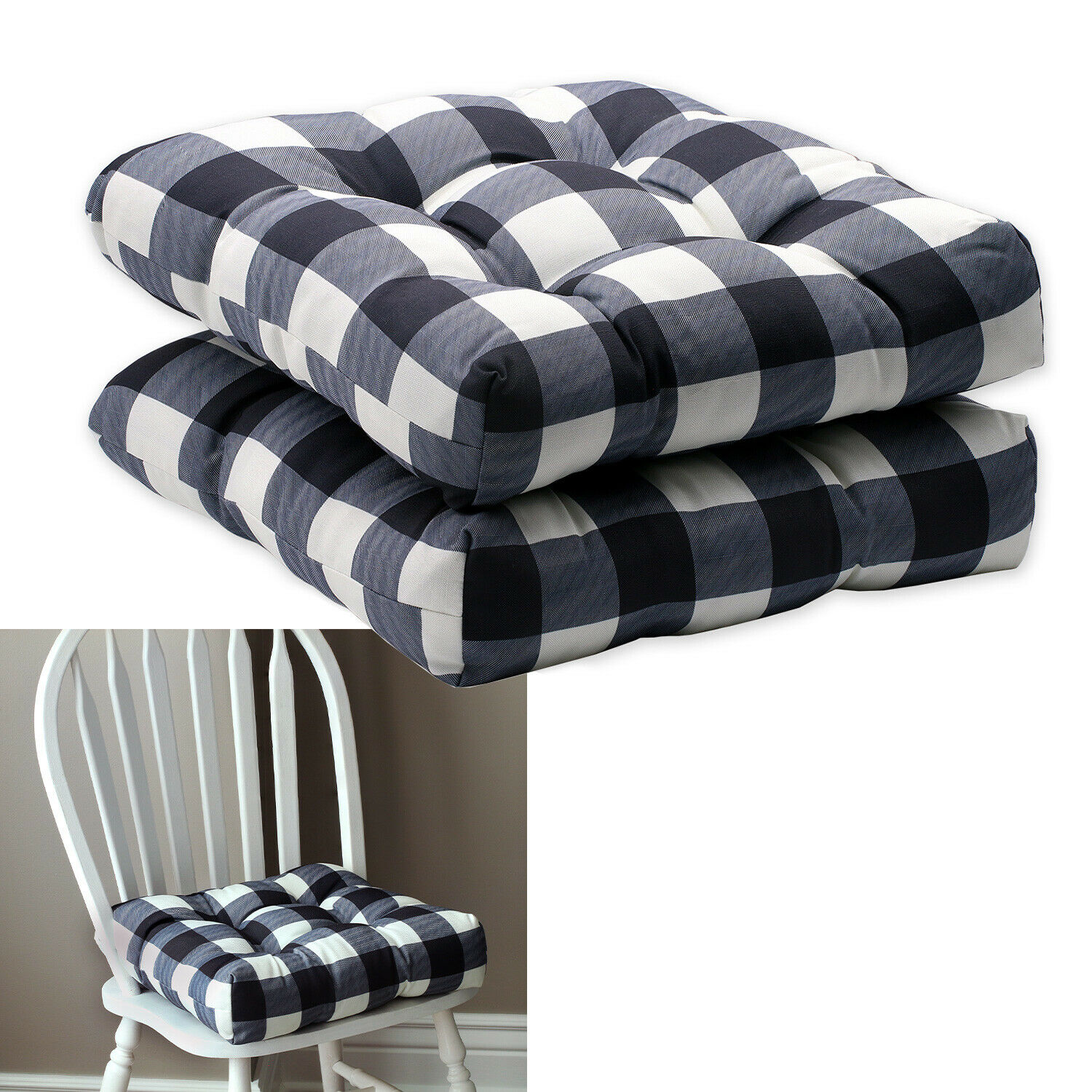 2-Pack Buffalo Check Kitchen Dining Chair Pad Seat Cushion with Ties Black White