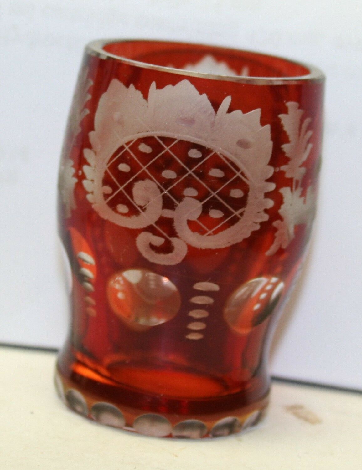 Vintage Bohemian Czech Art Glass Ruby Red Etched Unusual Design,, Shot Glass