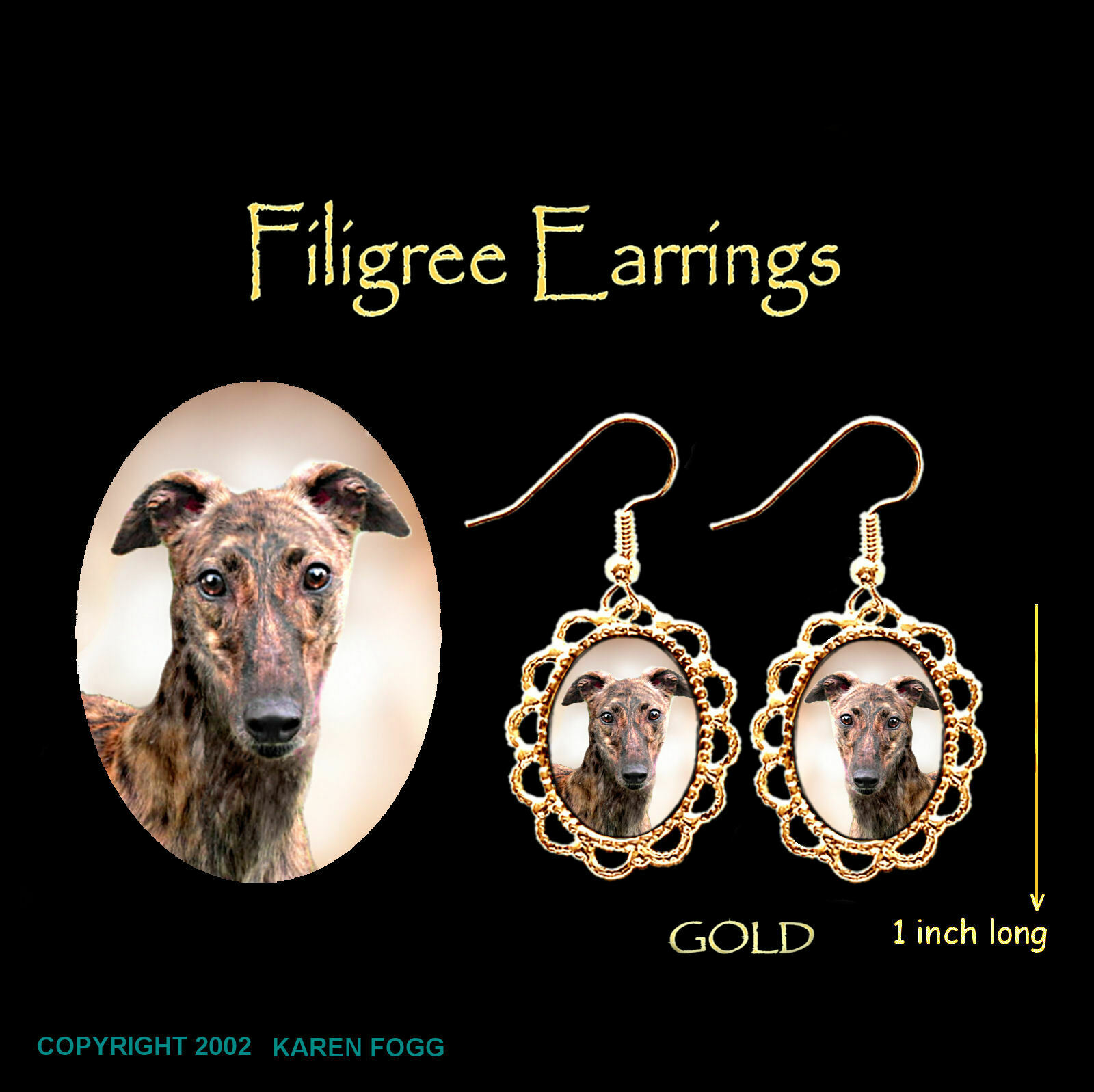 Greyhound Dog  Brindle - Gold Filigree Earrings Jewelry