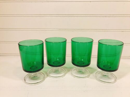 Set Of (4) Forest Green Glasses On A Clear Glass Stem From France 4” Tall
