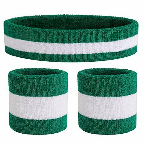 Sweatband Set Sports Headband Wristband Set Sweatbands Terry Green/white/green